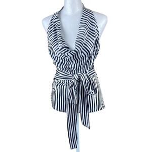 Ann Taylor Blouse 4 Black and White Striped Tie waist Cowl Neck Versatile Office